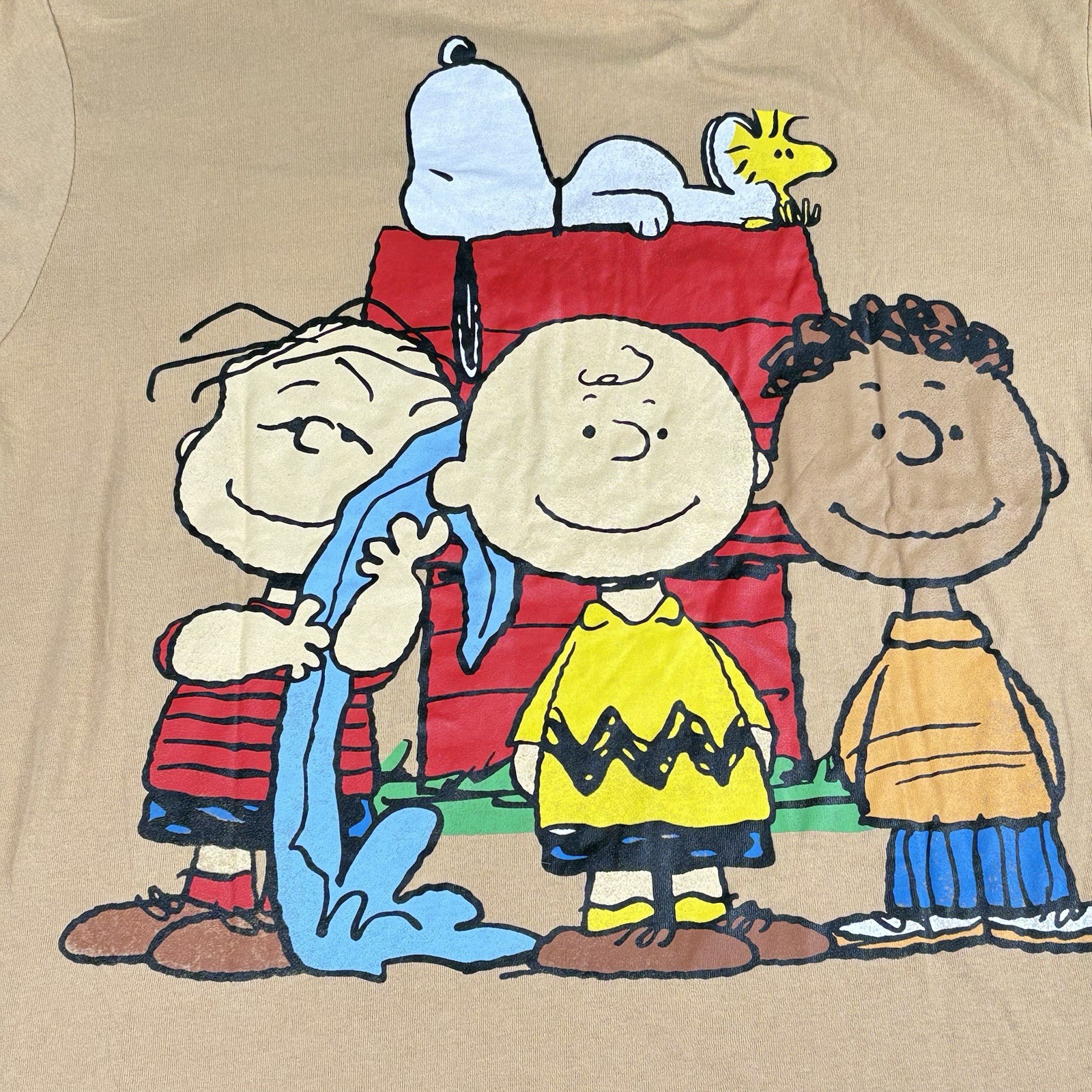 Peanuts Snoopy Doghouse Graphic T-Shirt Men L Tan Cartoon Y2K Retro Double Sided gallery