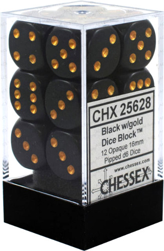 Chessex Opaque Black with Gold 12 Dice Set – 6 Sided – 16mm d6 Dice Block