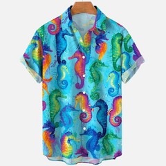Mens Button Down Dark Blue Jellyfish Squid Undersea Hawaiian Top Summer Shirt