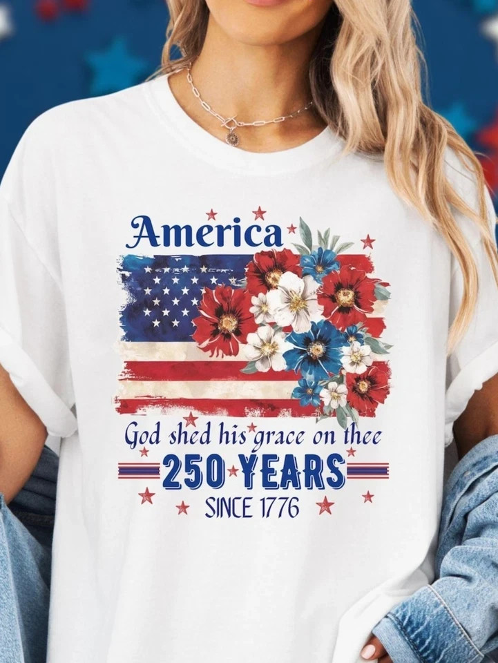 America 250 Years Patriotic Floral USA Flag Graphic T-Shirt gallery