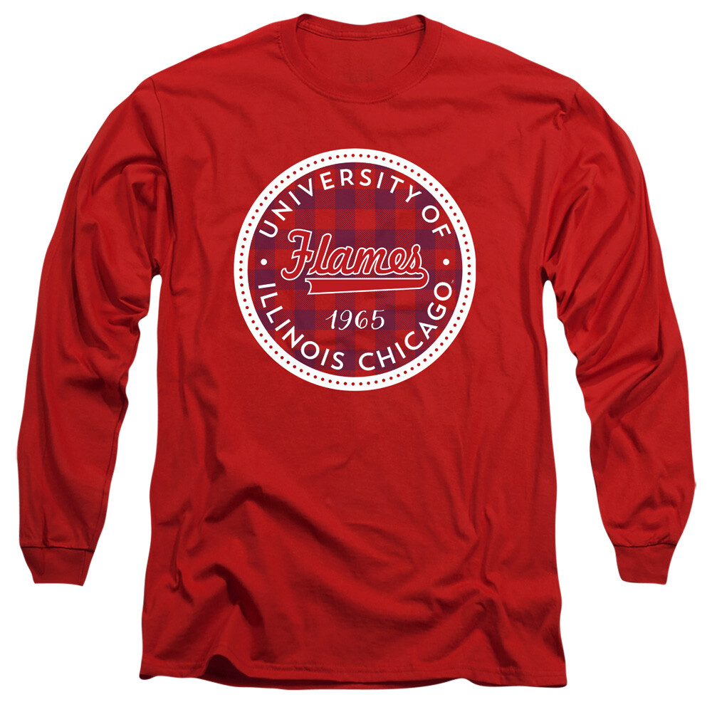 UIC Adult Long Sleeve T-Shirt Flames Plaid Badge, Red, S-3XL