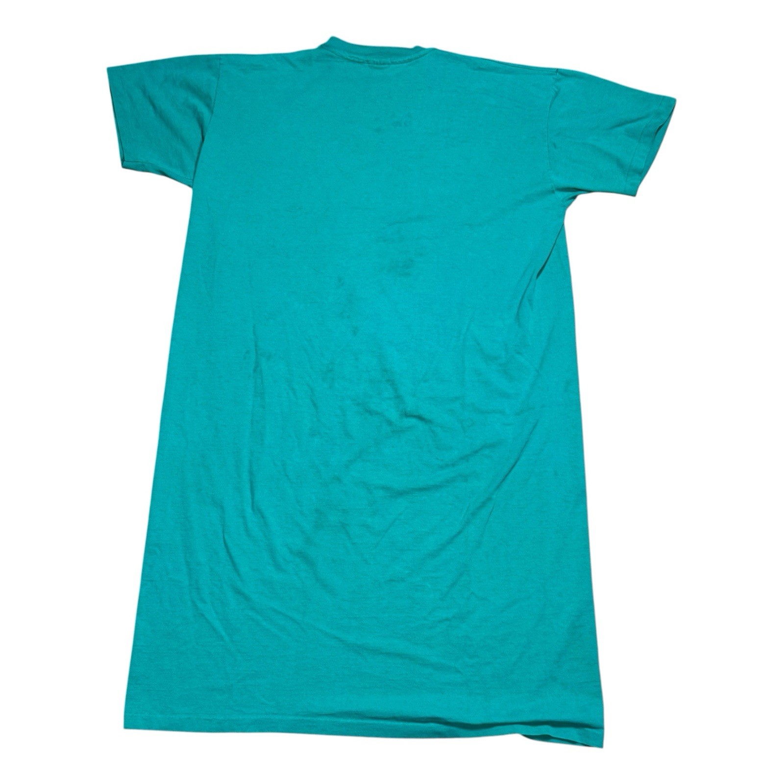 Vintage 90s Detroit Tall Tee T-Shirt OSFA Teal w/ Neon Pink Spellout Made In USA gallery