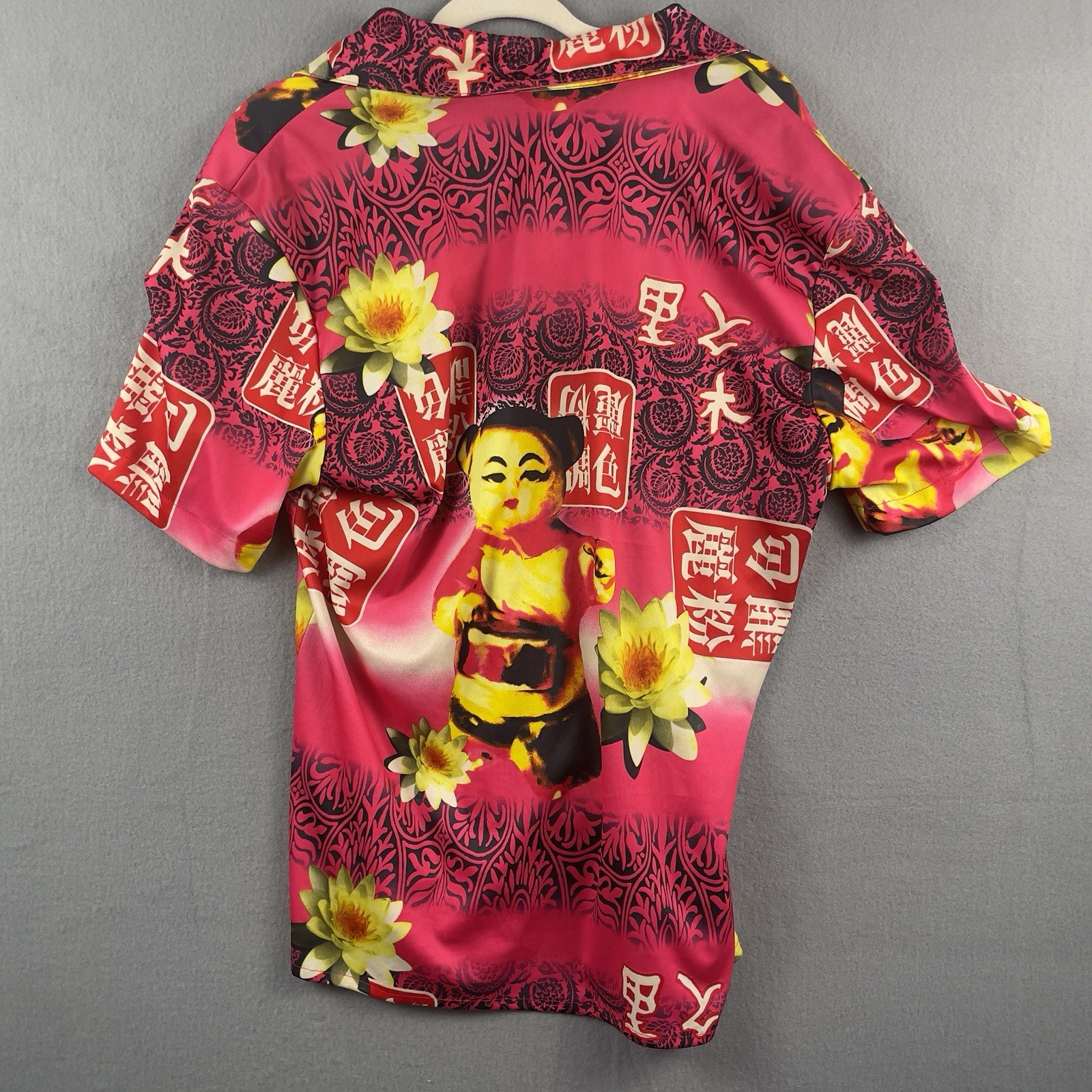 VTG ELEE Shirt Mens Medium Sheer Button Up Bowling Asian Lotus AOP Made in USA gallery