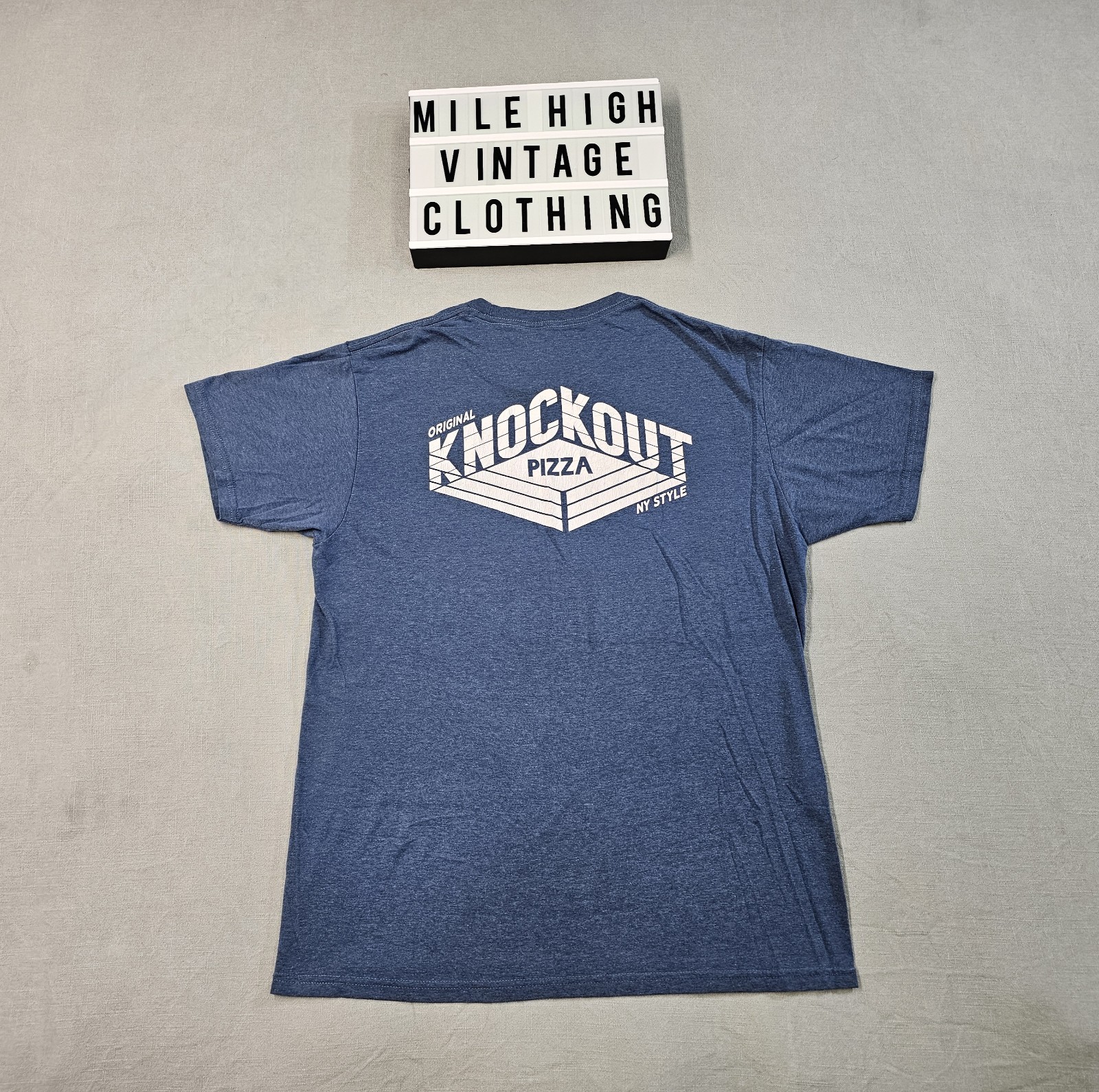 Retro Knockout Pizza Men's Shirt L NY Style Blue Food Tee Pop Culture Work gallery
