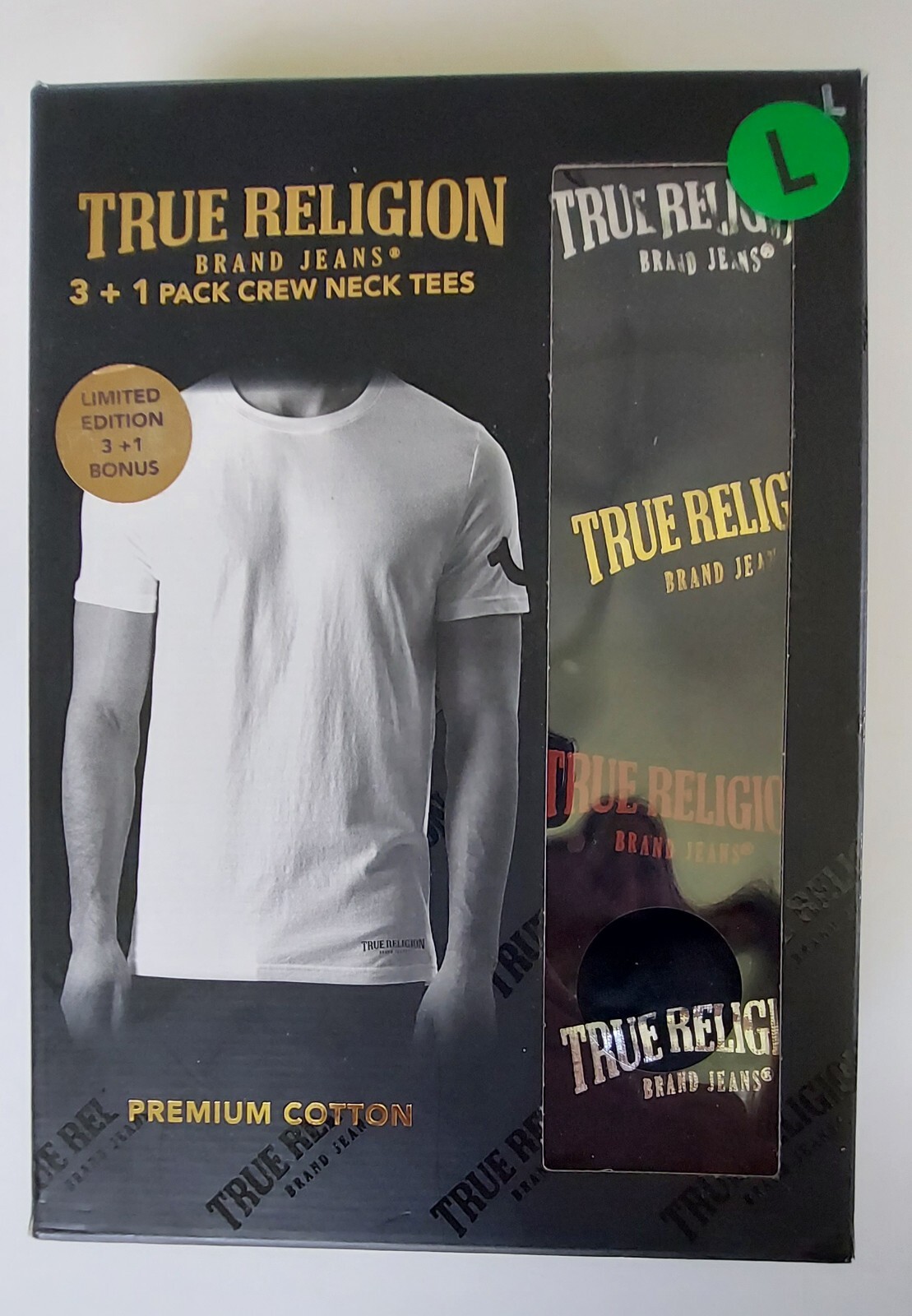 True Religion 100% Cotton Black T-shirts 4 Pack Men’s Crew Neck Shirt Size L New