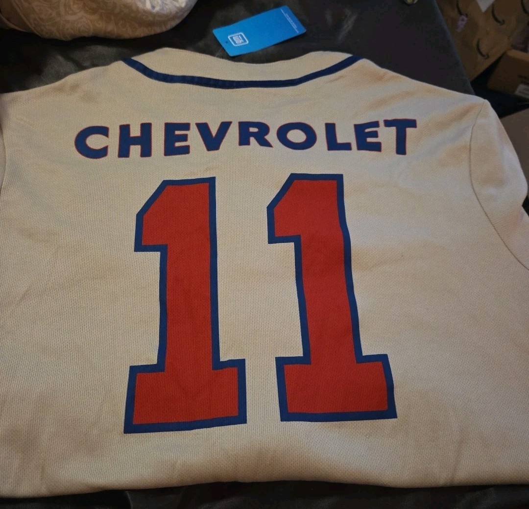 NWT Chevrolet 11 Baseball Jersey Shirt Mens Large Cream Blue GM Licensed Button