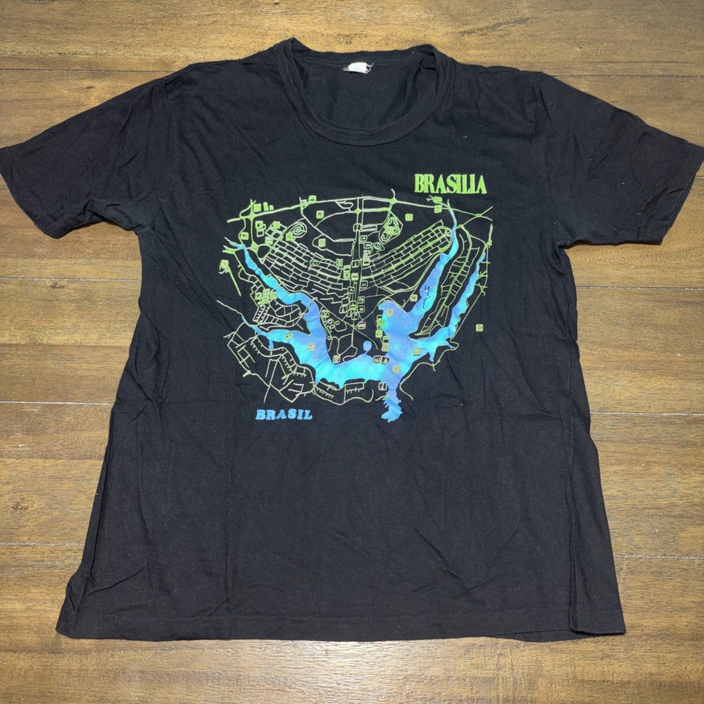 Vintage Brazil Map Graphic Single Stitch Brasilla Black Size Large 100% Cotton