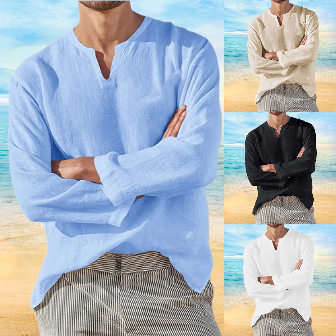 Men's Shirt Long Sleeve Cotton Linen T-shirt V-Neck Solid Breathable Casual NEW gallery