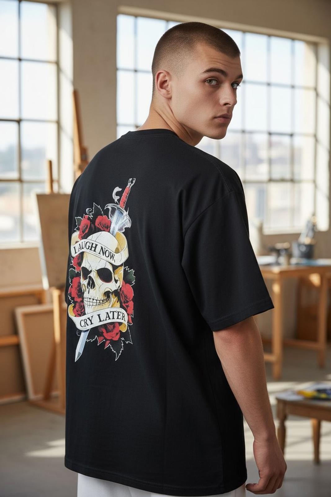 Men's Graphic Printed Black T-Shirt Skeleton Design gallery