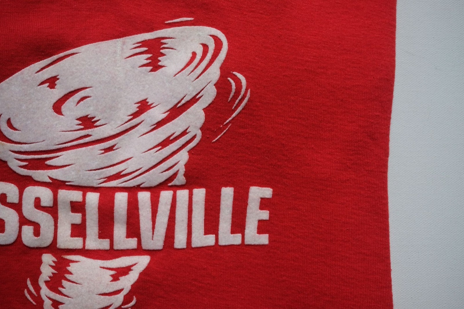 ARTEX 80s VTG USA MADE RUSSELLVILLE ARKANSAS TORNADO GRAPHIC RINGER T SHIRT L gallery