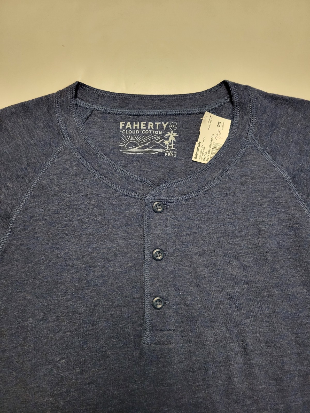 $98 New FAHERTY Cloud Cotton HENLEY T-Shirt Men's XXL 2XL Baltic Navy Blue L/S gallery