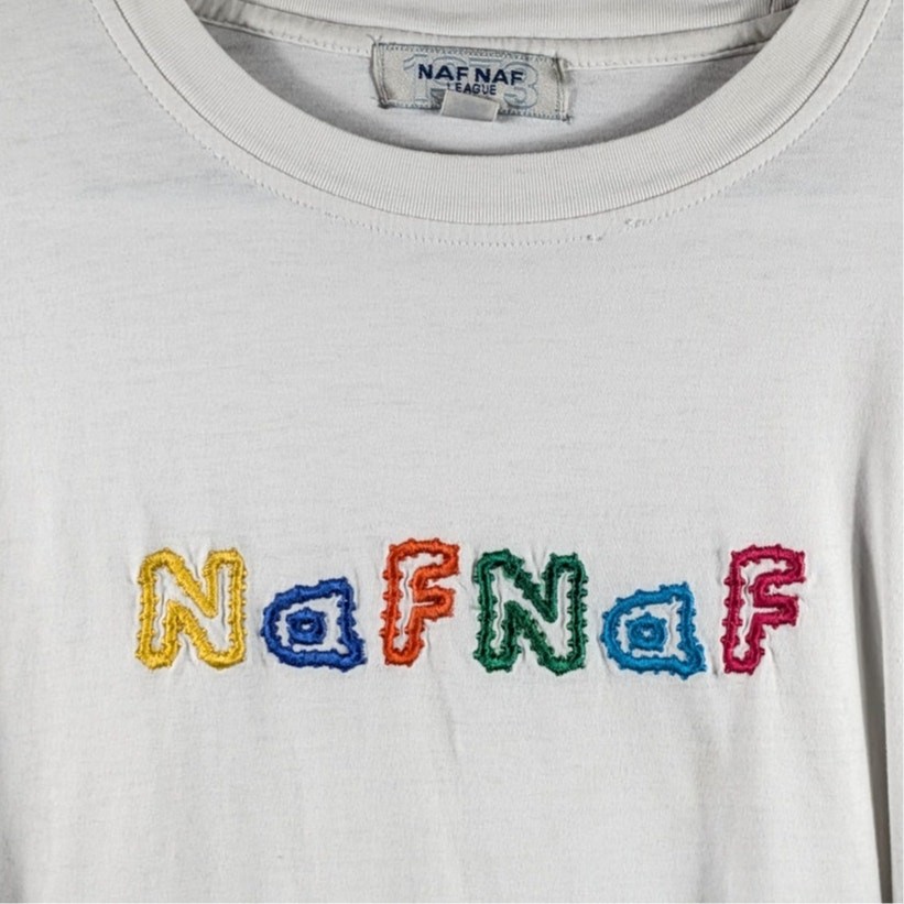 Naf Naf League T.2 Vintage Embroidered Spellout Logo White T-Shirt French 90s gallery