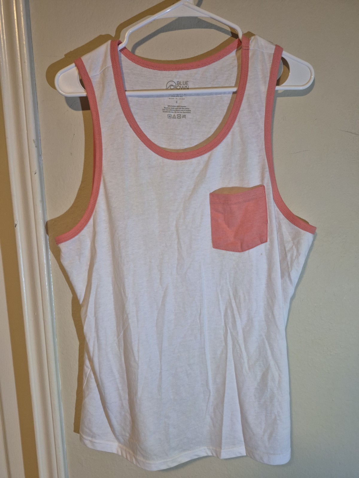 Blue Crown Men's White Tank Top Pink Trim Pocket Scoop Neck Sleeveless S gallery