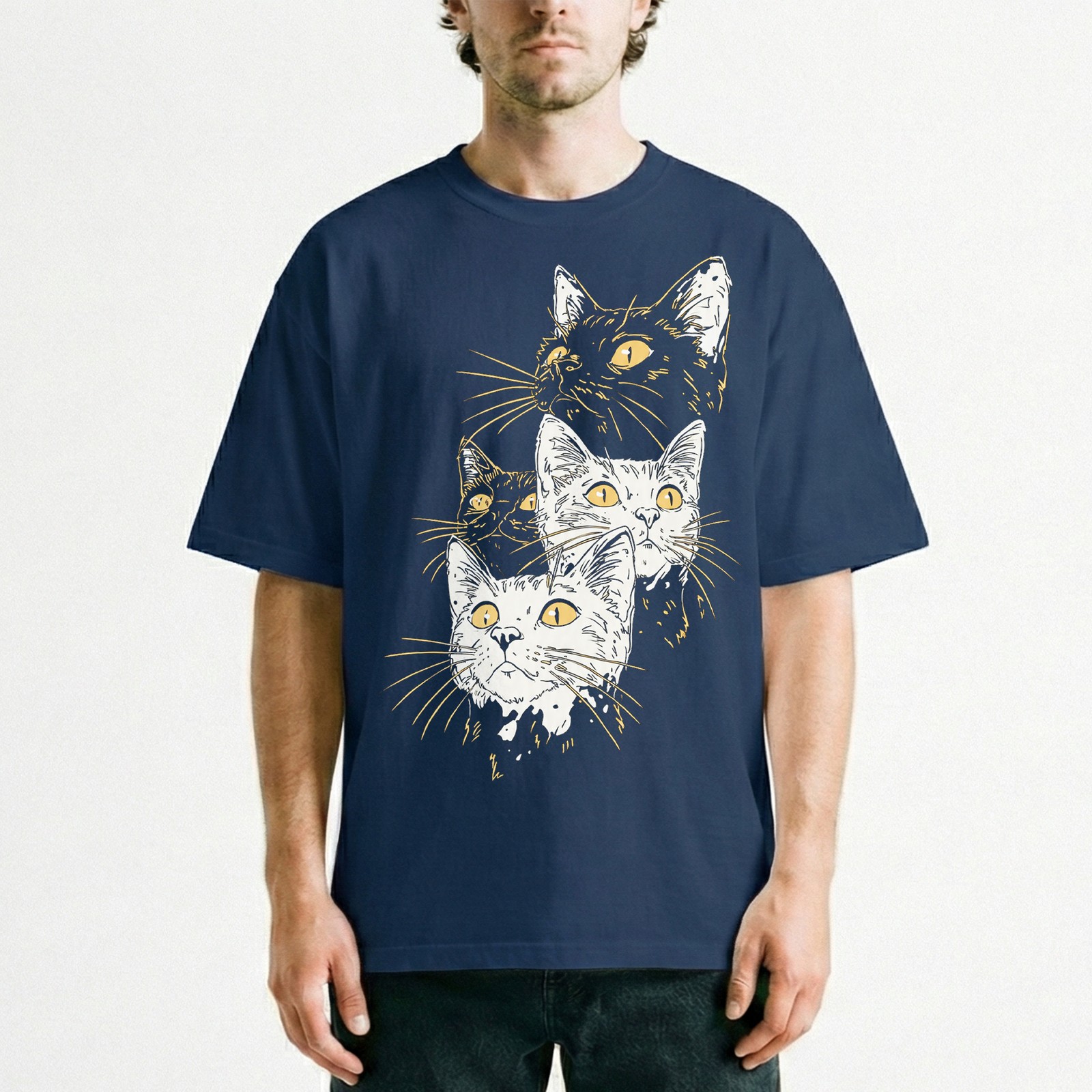Sketch Style Cats Yellow Eyes Artistic Handdrawn T-Shirt Minimalist Feline Tee gallery