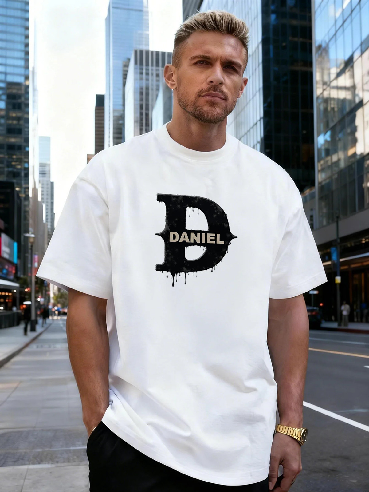 Letter D Dripping Alphabet Graphic Cotton Men's T-Shirt, for Daily Streetwear gallery