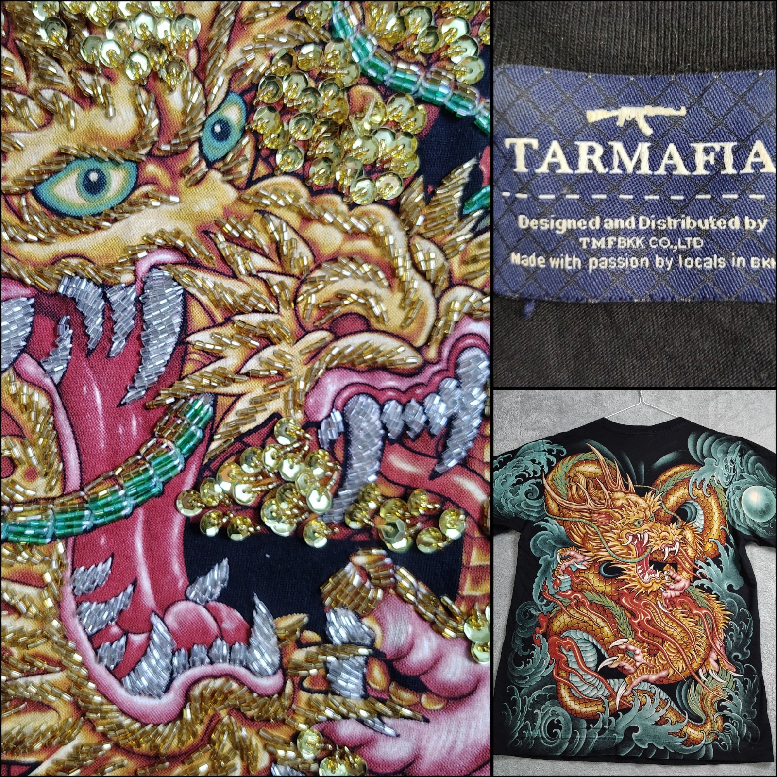 TARMAFIA Year of the Dragon Handmade Sequin & Beaded Mens L Shirt Power Fortune gallery
