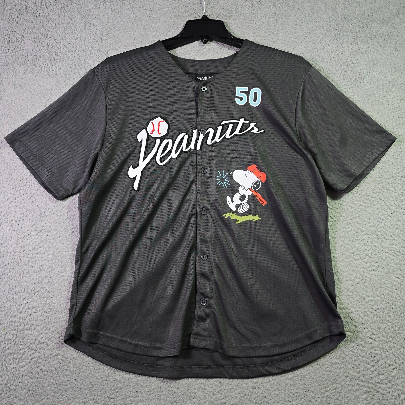 Peanuts® Snoopy Baseball Jersey shirt Mens XL Black Charlie Brown Button Up NWT
