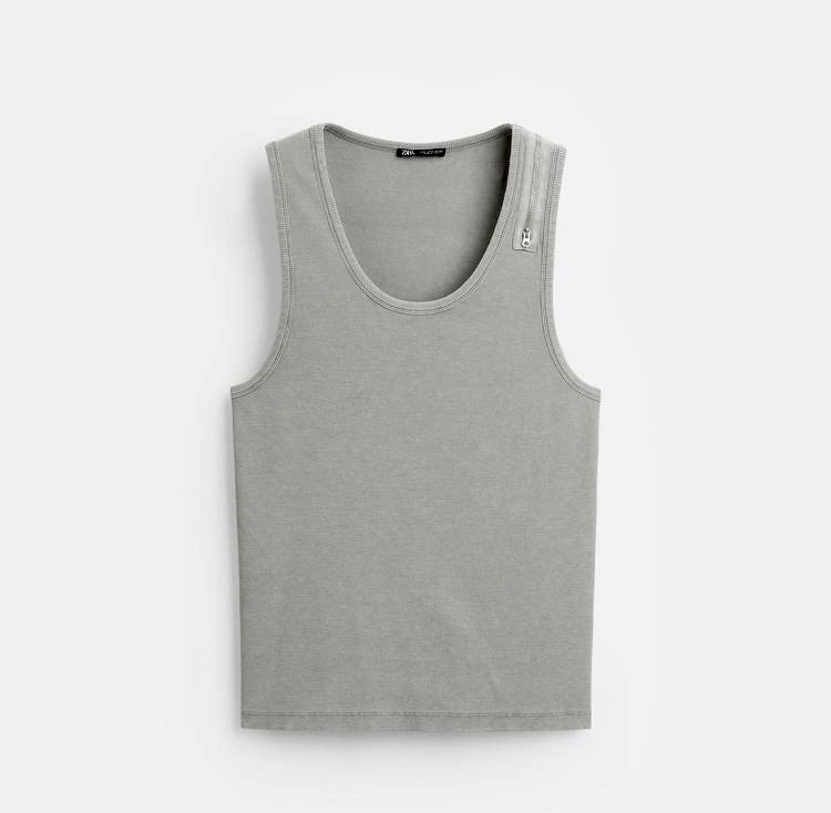 NEW ZARA COTTON RIBBED, ZIPPERED GREY TANK TOP SLIM FIT SIZE L