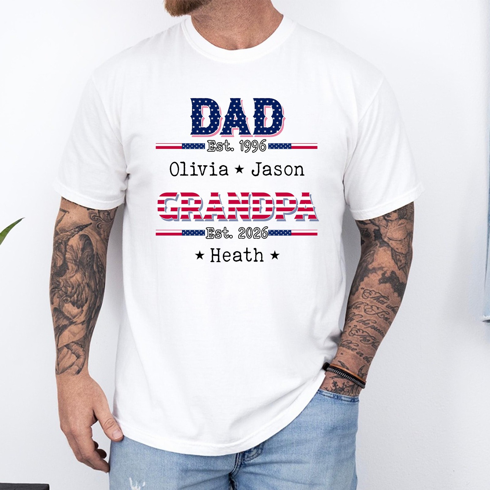 Personalized Dad Grandpa Shirt Custom Kids Names Est Year USA Flag Fathers Gift