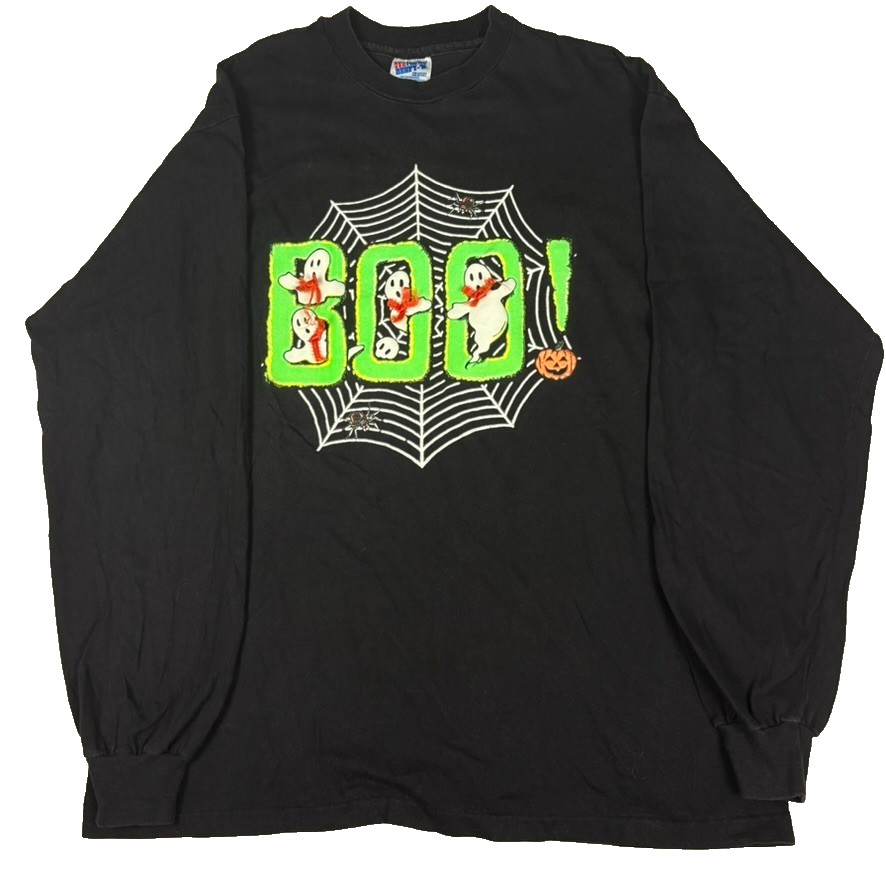 Vintage 90s Halloween Black BOO Ghost Shirt L Glow Spider Web Long Sleeve Hanes