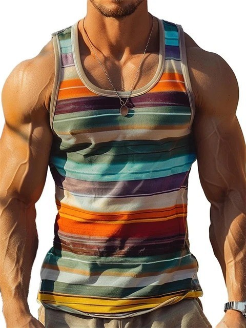 Men's Striped Gym Tank Top Summer Beach Muscle Sleeveless Shirt Casual Vest S-6X gallery