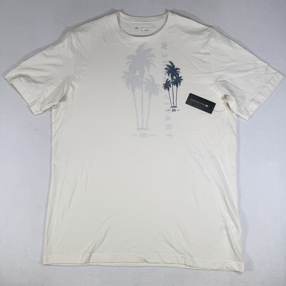 NWT Travis Mathew Salt Spray Short Sleeve T-Shirt Mens XL Beige Palm Trees
