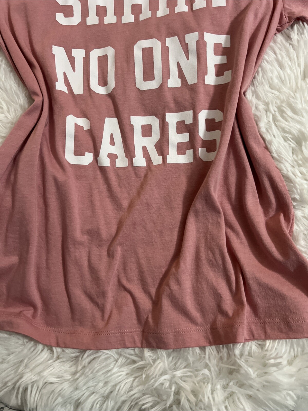 Trendy Pink Graphic Tee – "Shhhh No One Cares" Statement Shirt – Size LARGE gallery