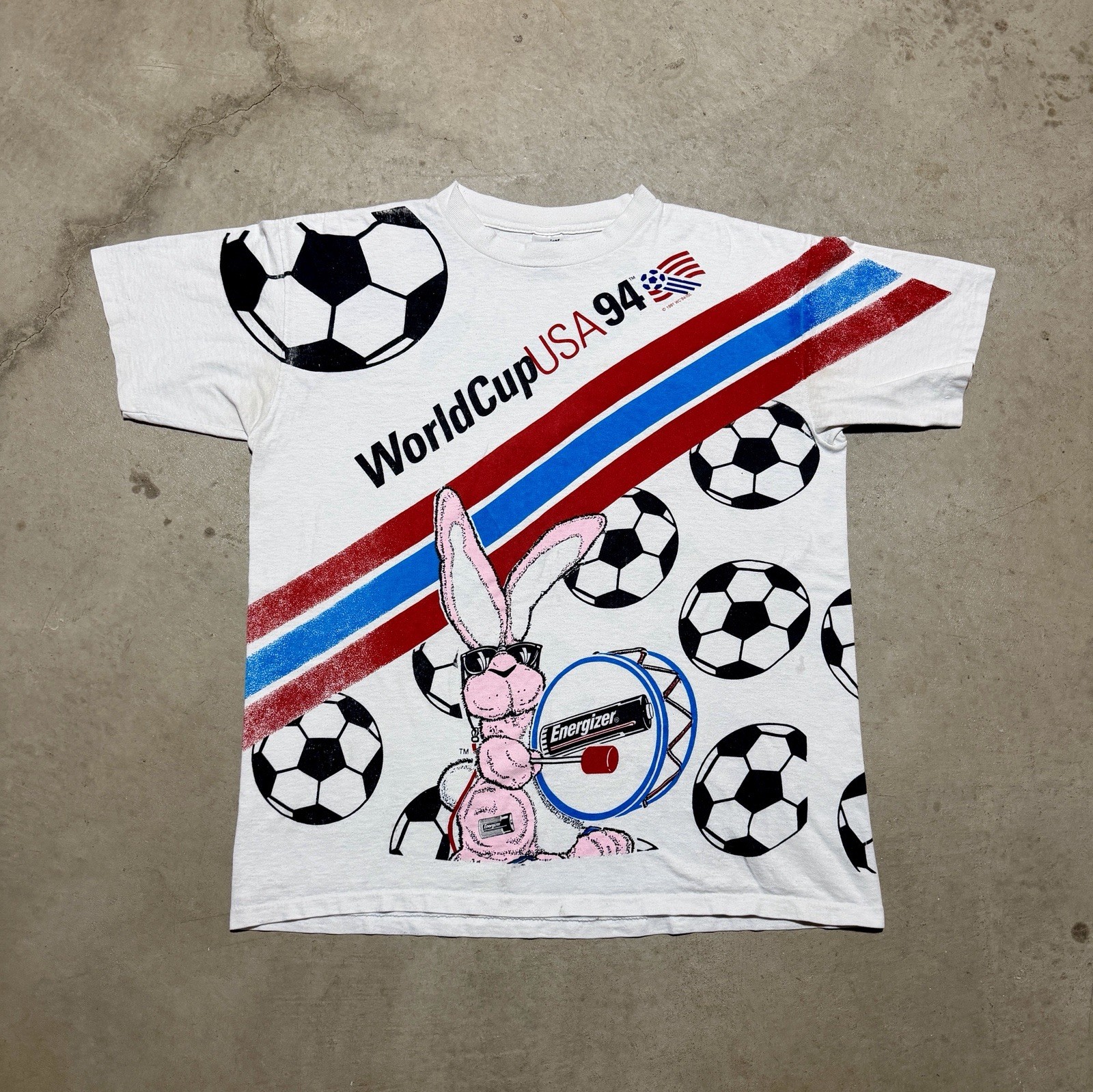 Vintage 1994 World Cup Soccer Energizer Bunny All Over Print T Shirt OSFA USA