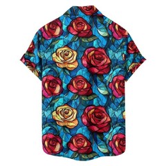 Mens Button Down Dark Red Rose Floral Print Hawaiian Top Novelty Summer Shirt