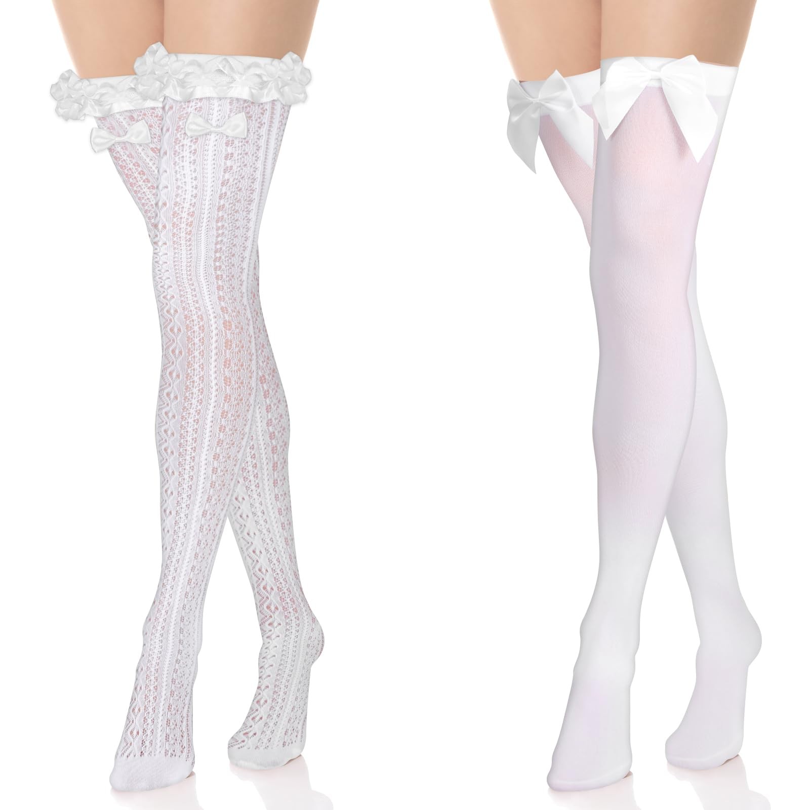 2 Pairs Thigh High Stockings Lace Satin Bow Stockings Women Tight Hosiery White