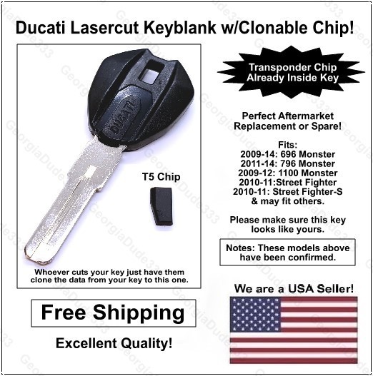 Ducati AfterMarket Lasercut Key Blank with T5 Transponder Chip. “Read Listing”