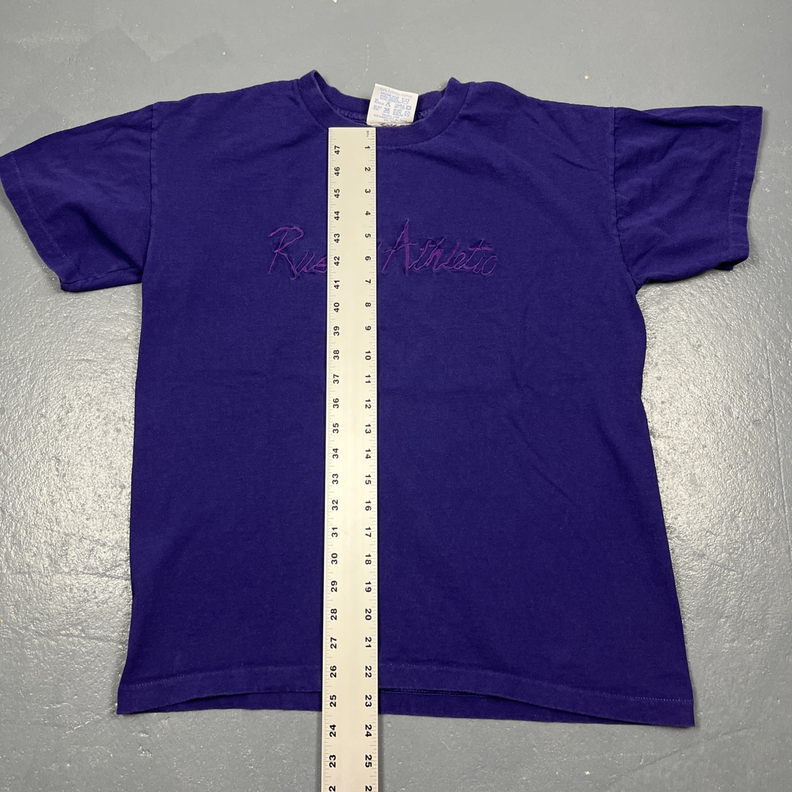 Vintage 90s Russell Athletic Embroidered Tshirt Purple Medium Single Stitch VTG gallery