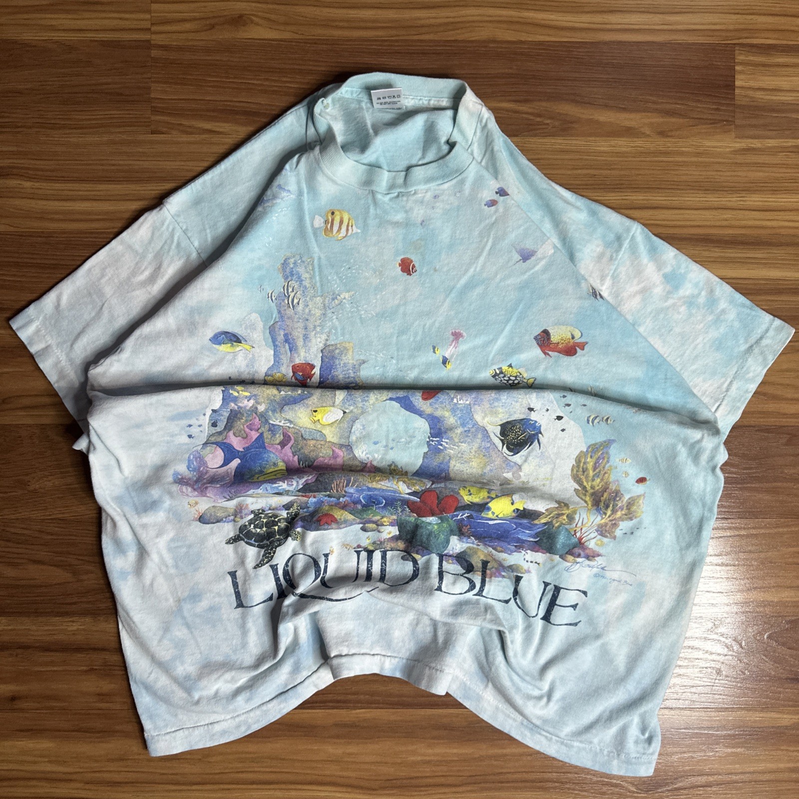 Vintage 1992 Liquid Blue Coral Reef Aquatic Sea Life Fish AOP Shirt XL Tie Dye gallery