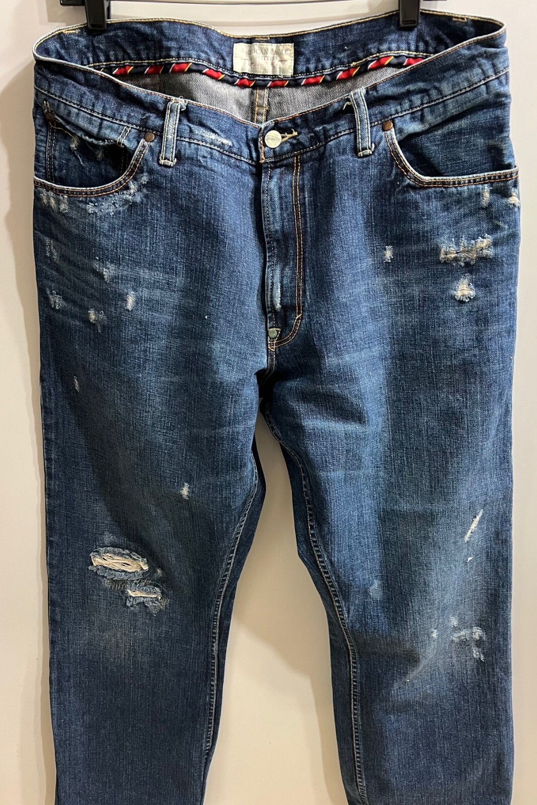 American Eagle Men Denim Jeans Boot Cut Blue 100% Cotton 36 X 31 Distressed gallery