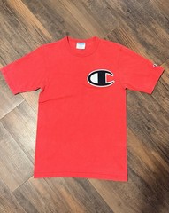 Champion Men’s Small Red Crew Neck Short Sleeve Cotton Knit Logo T-Shirt Vintage