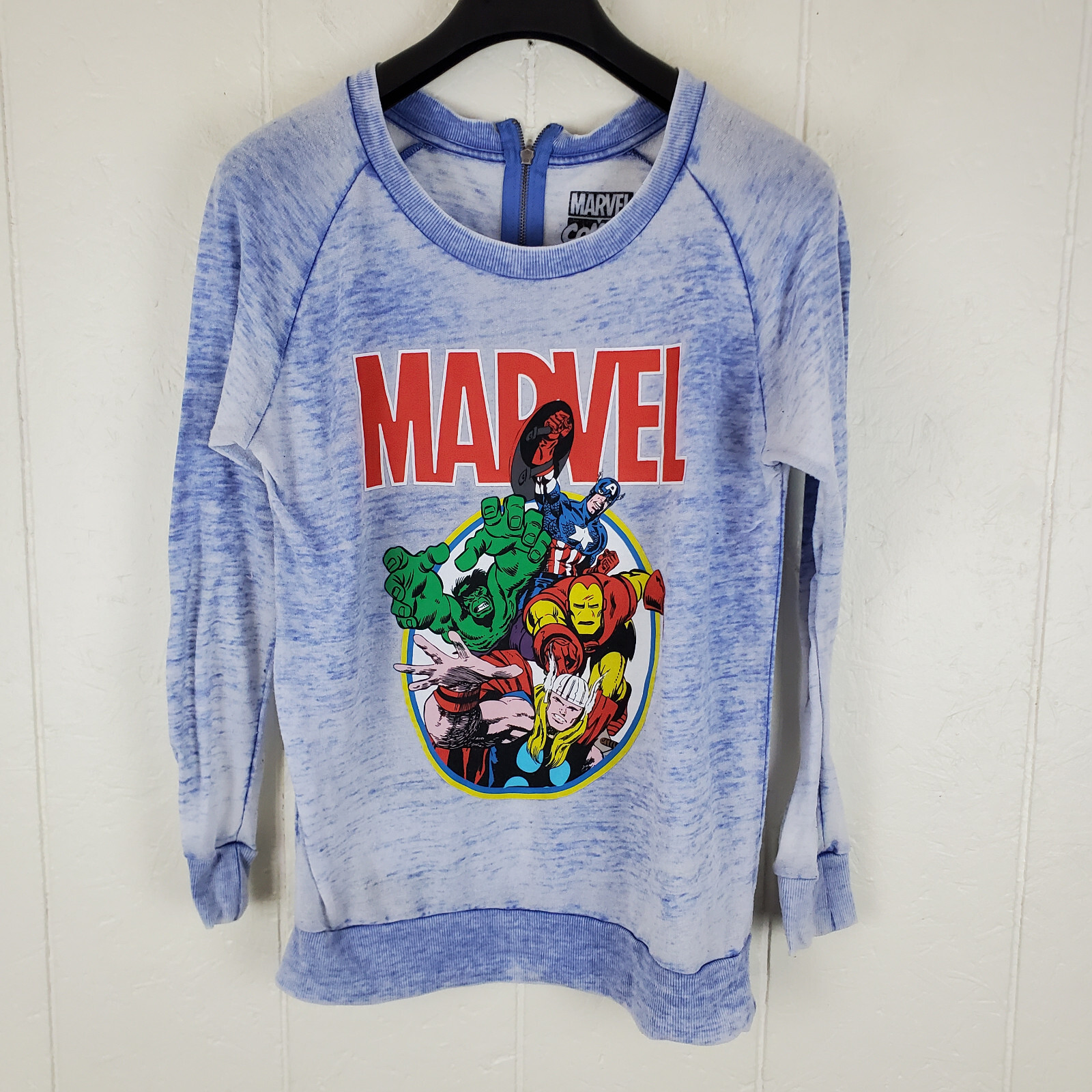 Marvel Shirt Men Medium Blue Graphic Scoop Neck Long Sleeve Sheer Zipper Stretch
