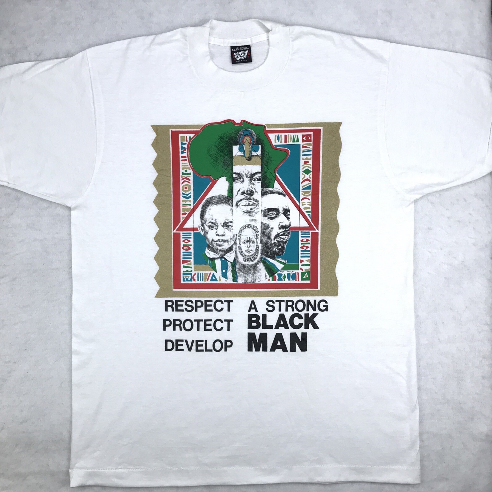 vtg 80s STRONG BLACK MAN RESPECT PROTECT T-Shirt L/XL single stitch hip hop gallery