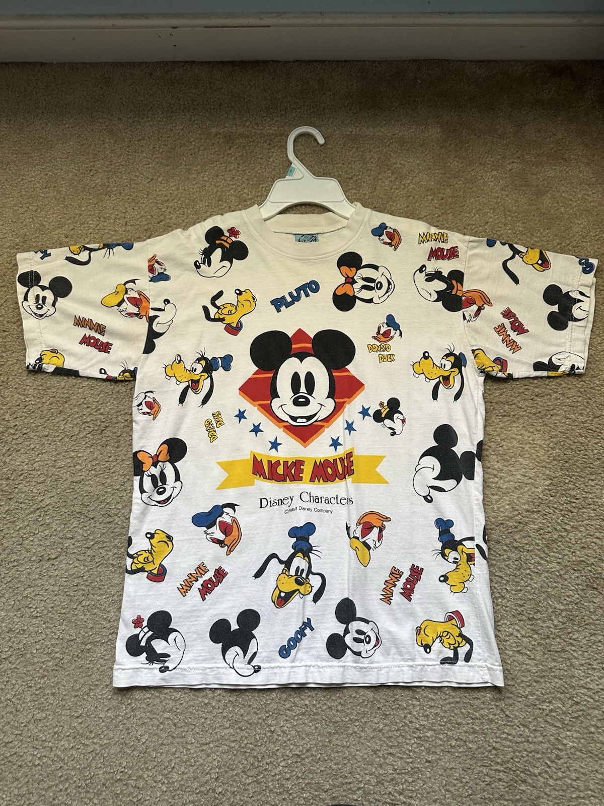 Men’s Vintage Disney Characters Mickey Mouse All Over Print T Shirt Medium/Large