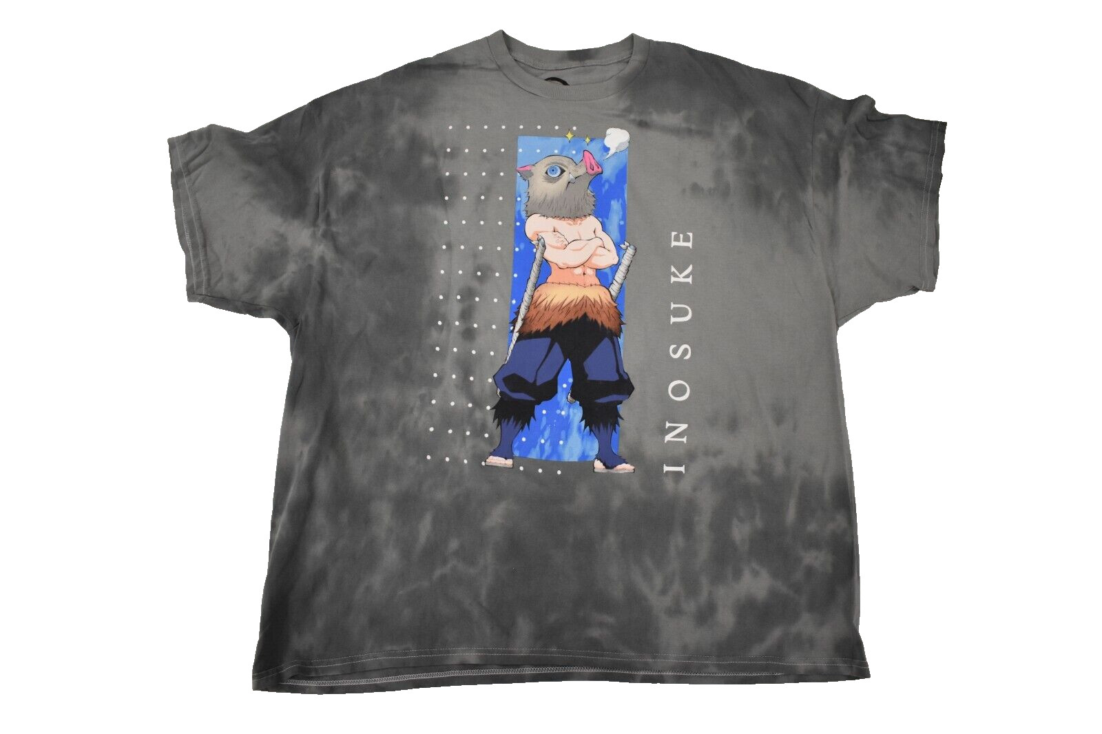 Demon Slayer: Kimetsu No Yaiba Mens Inosuke Dot Panel Gray Wash Shirt New 2XL