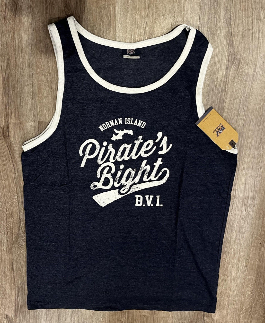 MV Sport Tank Top Mens Large Navy Heather Norman Island Pirate's Bight BVI Beach gallery