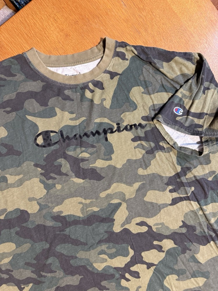 Champion Camo T Shirt 2XL Script Logo Flocked Cotton Army Green Mens
