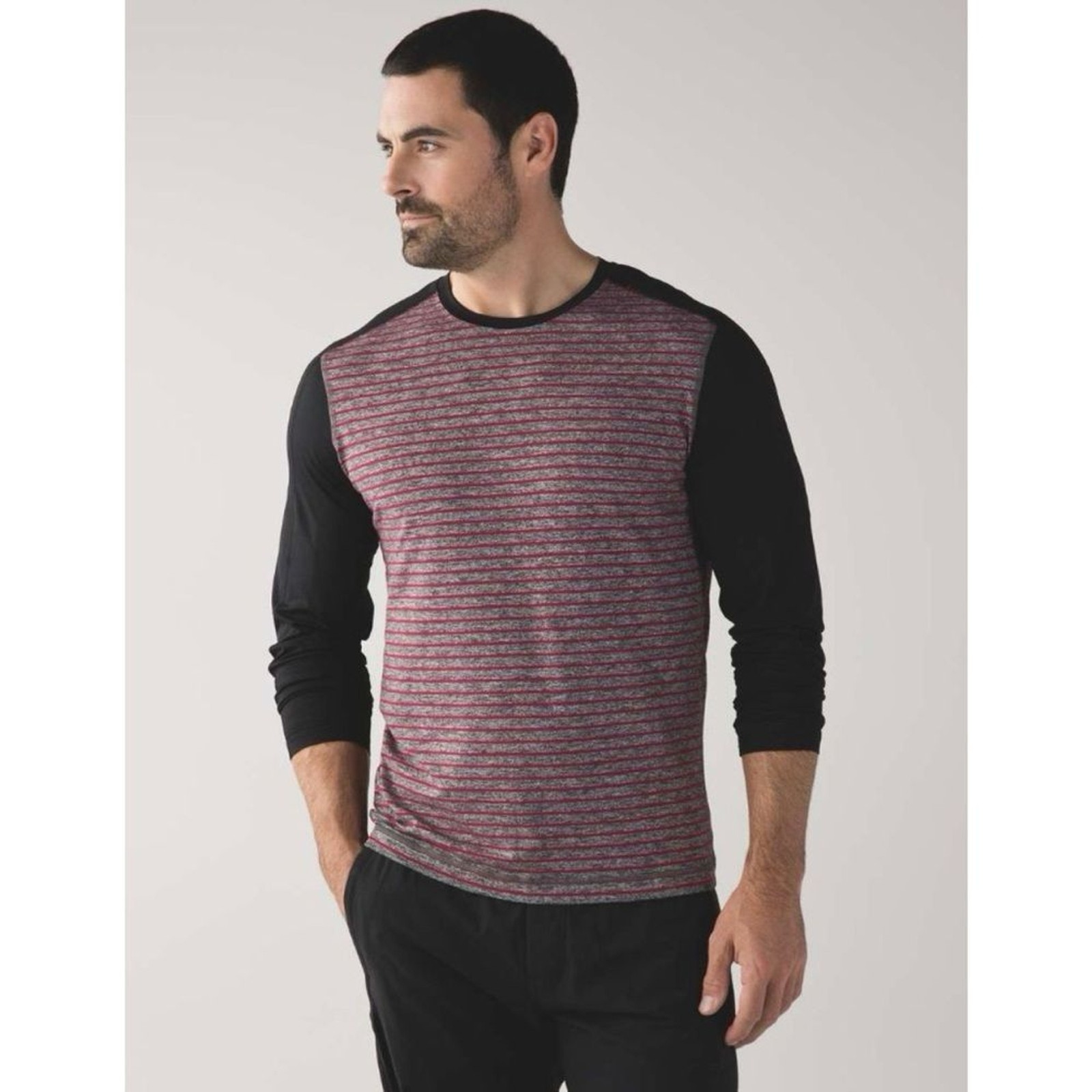 Lululemon Surge Warm Crew Raven Stripe Cranberry Heathered Black XXL gallery