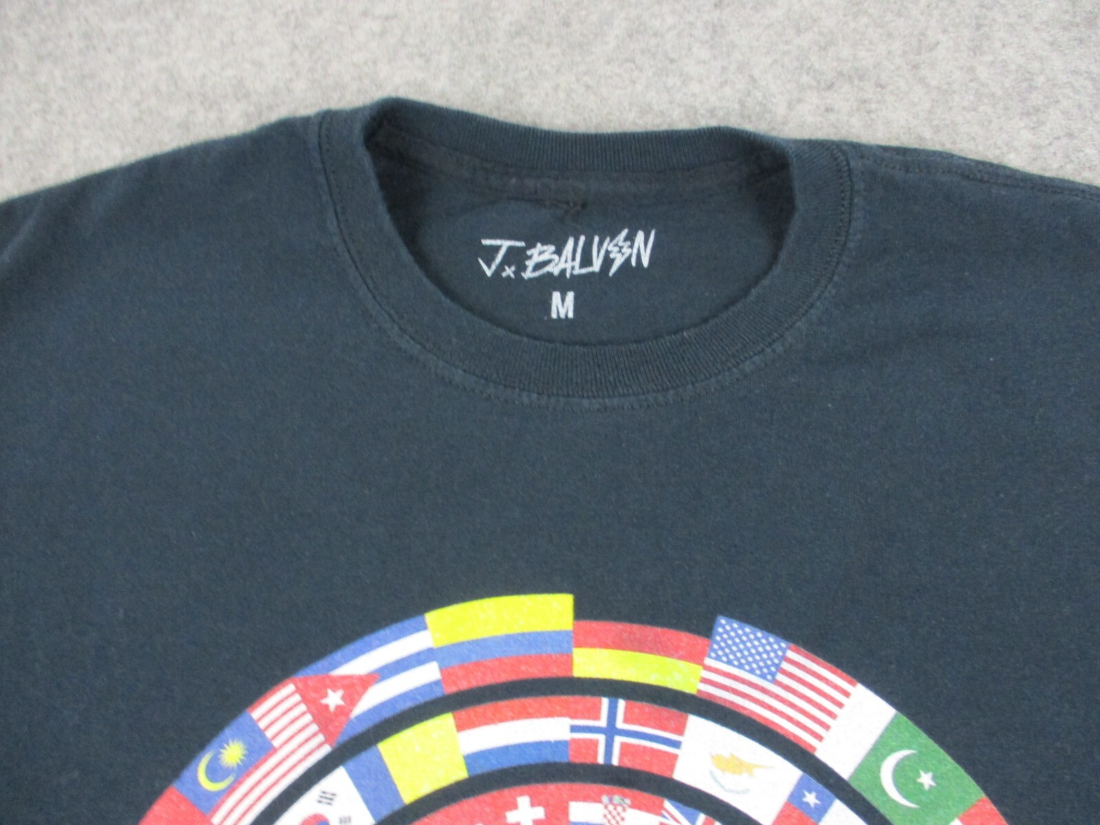 J Balvin Shirt Mens Medium Black Red Smily Face International Flags Crew Neck gallery