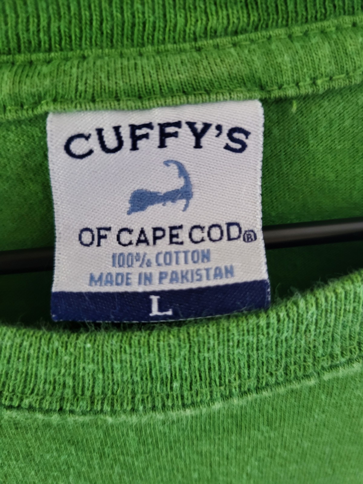 Cuffy's Of Cape Cod Tee Shirt Sz L Green With Blue And White Letters gallery