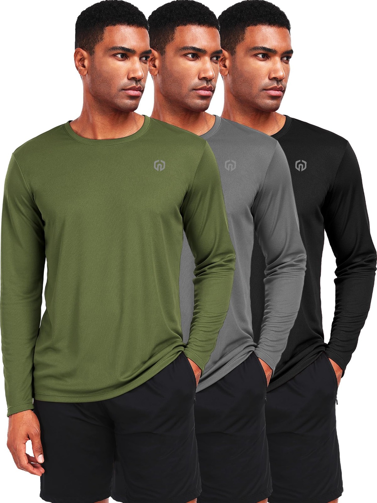 NELEUS Men’s Performance Long Sleeve Mesh T-Shirts, 3-Pack L, Black/Grey/Green
