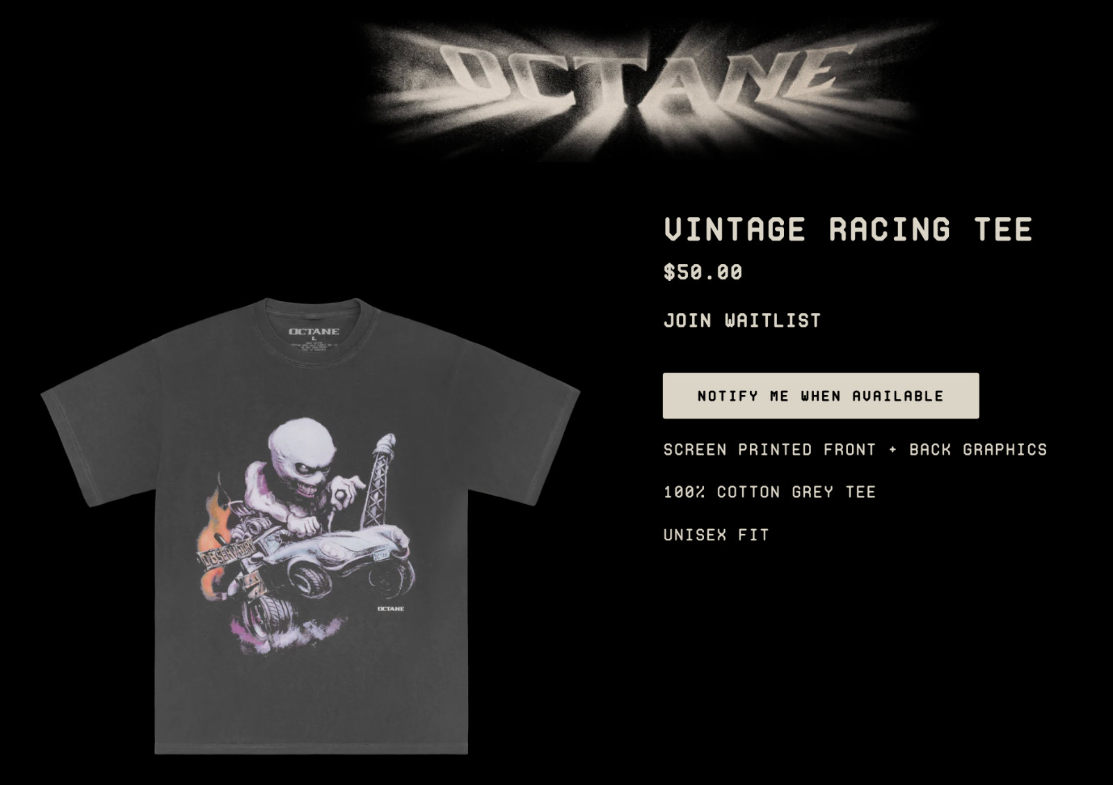 OFFICIAL EXCLUSIVE TOUR MERCH-VINTAGE RACING TEE-SIZE M-OCTANE-DON TOLIVER gallery