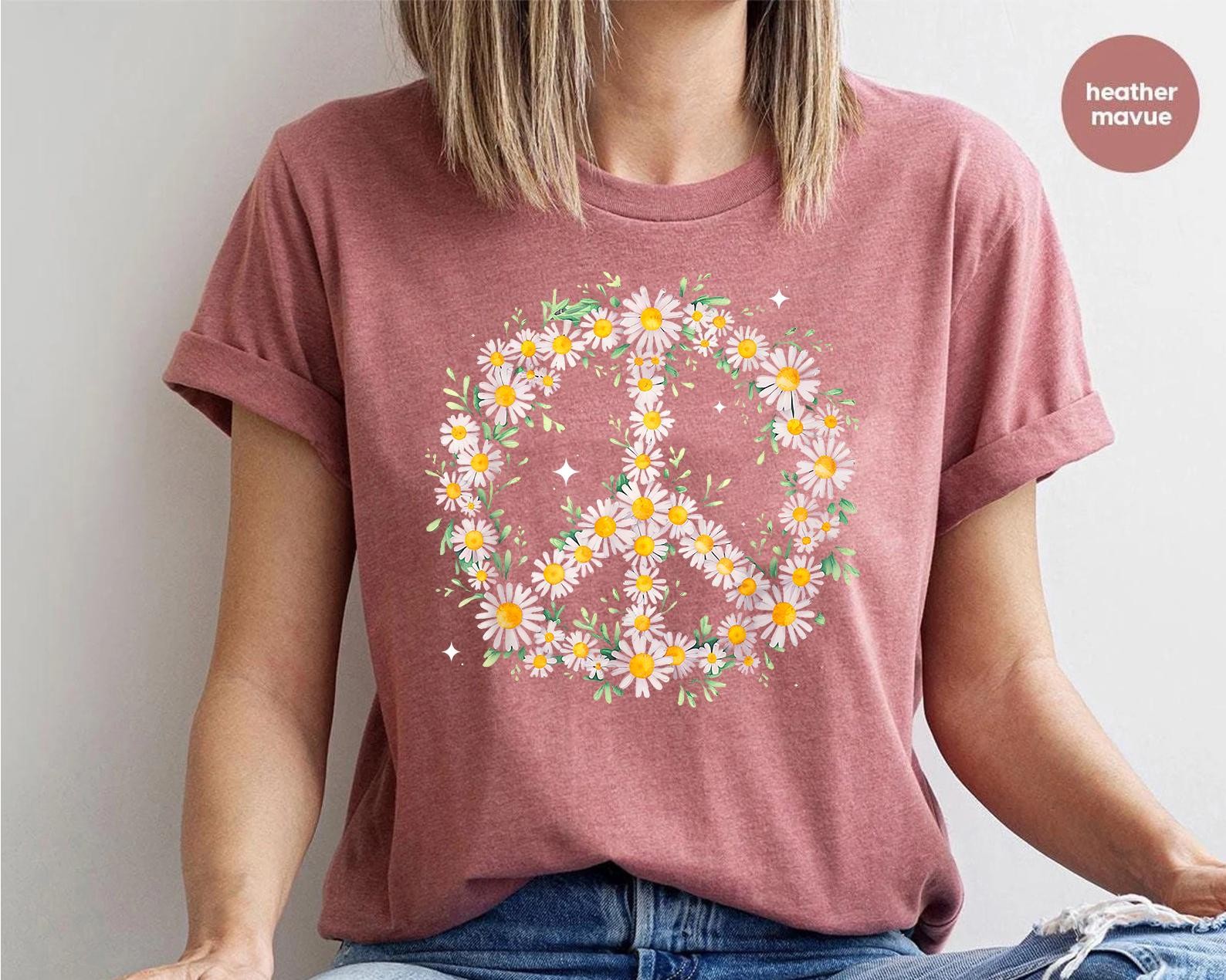 Hippie Peace Sign Daisy Flower Power Boho Retro Shirt Women