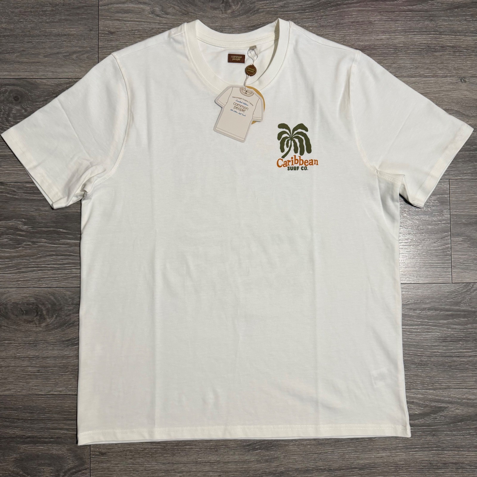 Common People Mens Size L Palms Print Tee Ecru Caribbean Surf Co Graphic Beach gallery