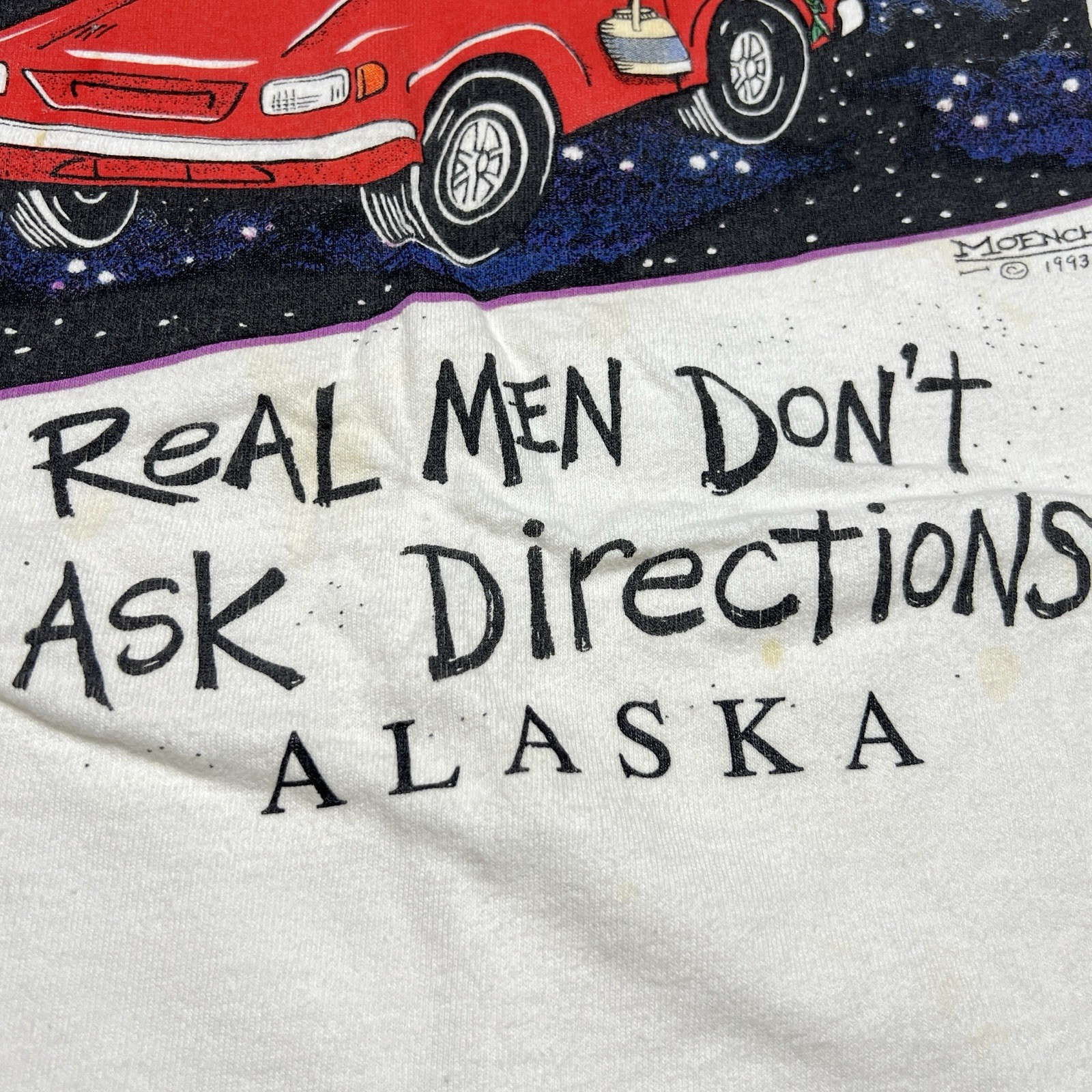 Vtg Real Men Don't Ask Directions Shirt Mens XL Moech Art Comic Funny 1993 gallery