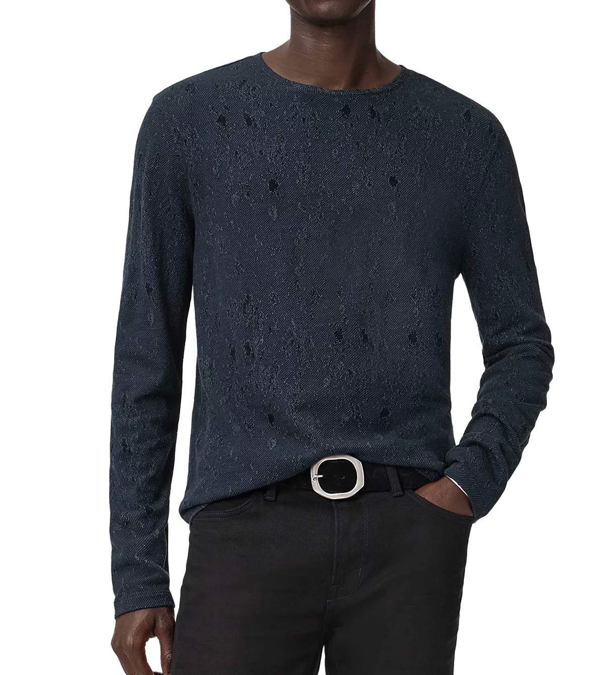 John Varvatos Collection Men’s Vera Distressed Jacquard Textured Crew Tee Navy
